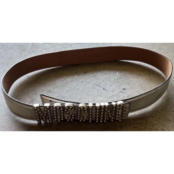 MOSCHINO Silver Embellished Logo Lettering Belt Leather Women’s Sz 44 Italy Made main image 11
